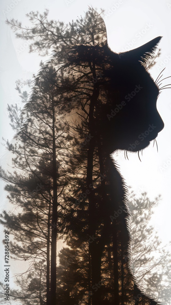 Poster a silhouette of a cat standing in front of a group of trees with the sun shining through the tops of