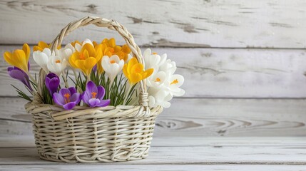 crocus flowers arranged in a straw basket against a pristine white wooden backdrop, offering...