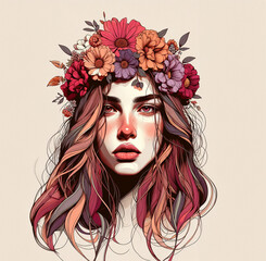 Artistic digital image of a girl with flowers in her crown, featuring a strong facial expression.