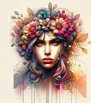 Artistic digital image of a girl with flowers in her crown, featuring a strong facial expression.