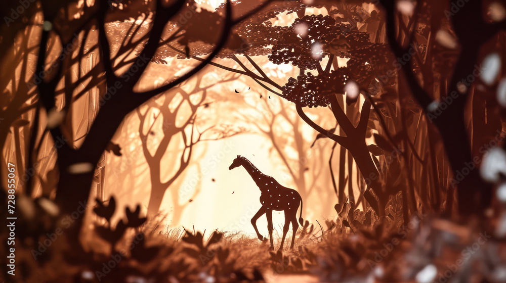 Poster  a giraffe standing in the middle of a forest with trees and leaves on either side of the giraffe is looking at the sun through the trees.