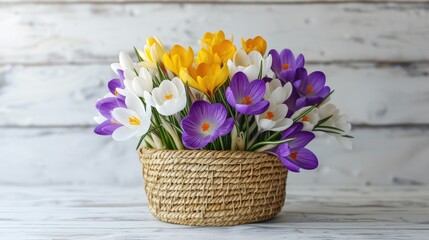 crocus flowers arranged in a straw basket against a pristine white wooden backdrop, offering options in white, yellow, or purple hues, creating a charming and colorful display of nature's bounty.