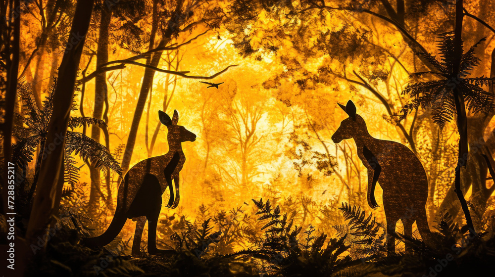 Poster a painting of two kangaroos and a giraffe in a forest with yellow and orange light coming from behin