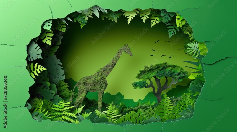Poster a picture of a giraffe in the middle of a forest with trees and birds in the background and a hole i