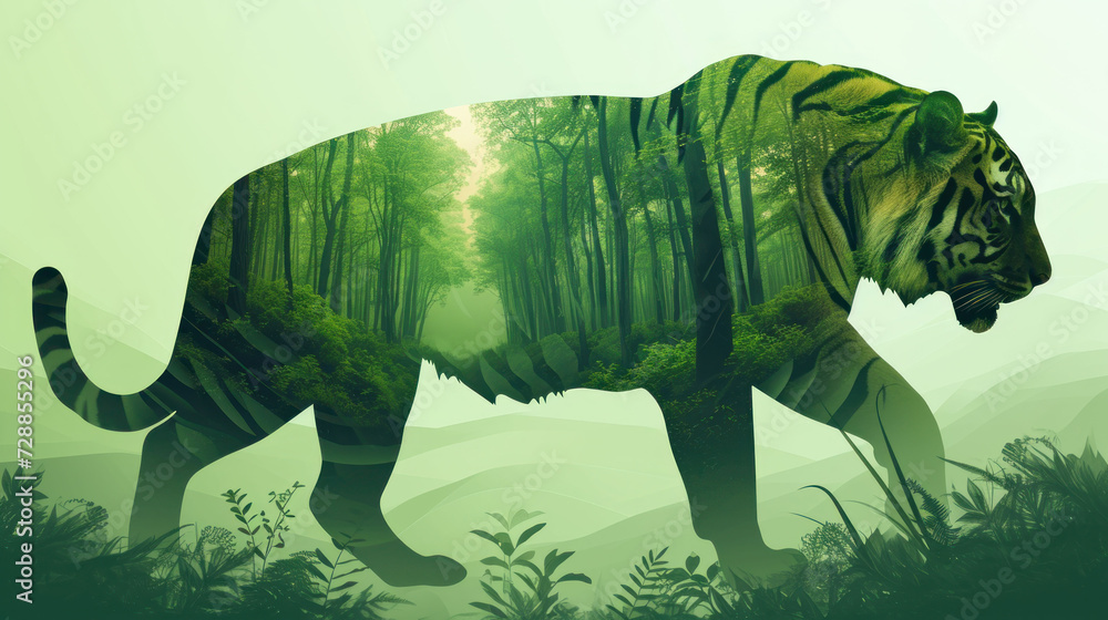 Poster a tiger standing in the middle of a forest with trees on it's back and its tail wrapped around it's 