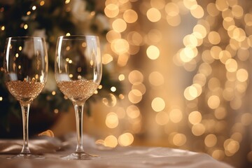 glasses on the table, bokeh of garland lights on the background