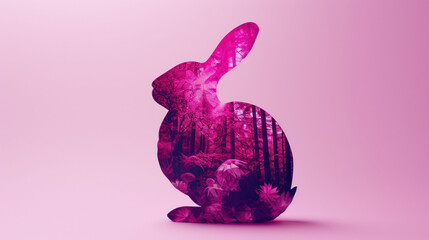  a pink rabbit sitting in the middle of a forest with trees and flowers on it's back and a pink background with the word hello kitty written in the middle.