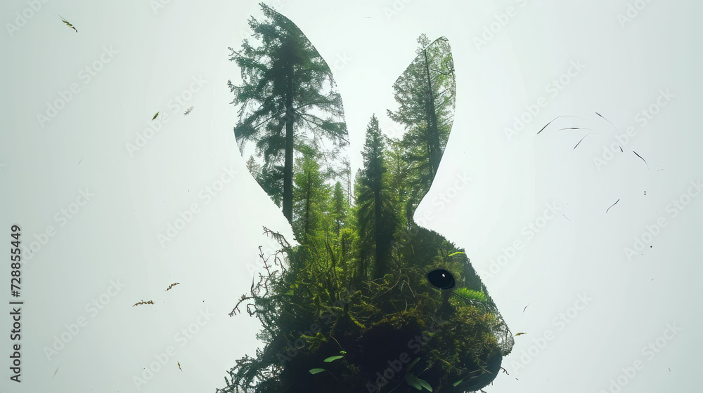 Poster a picture of a rabbit's head in the air with trees in the back ground and birds in the sky in the ba