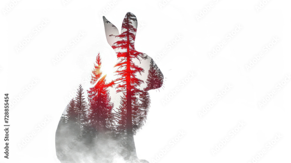 Poster a picture of a rabbit in the air with trees in the back ground and fog in the air behind it, with th