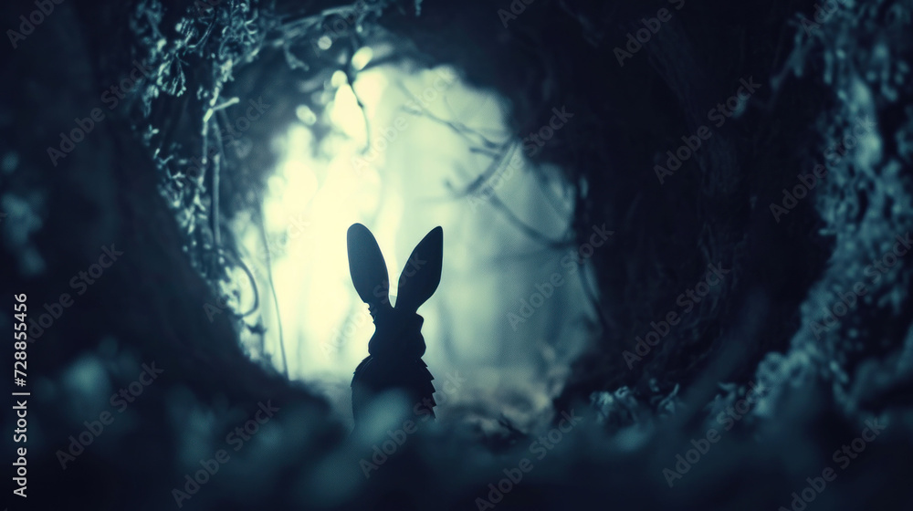 Poster a rabbit sitting in the middle of a forest in front of a light at the end of it's tunnel, with the l