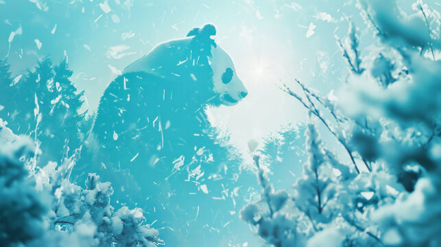  a polar bear standing in the middle of a forest with snow on the ground and trees in the foreground, and a bright blue sky in the background with white.