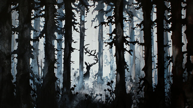  a painting of a forest with lots of trees in the foreground and a foggy sky in the background, with a black and white painting of trees in the foreground.