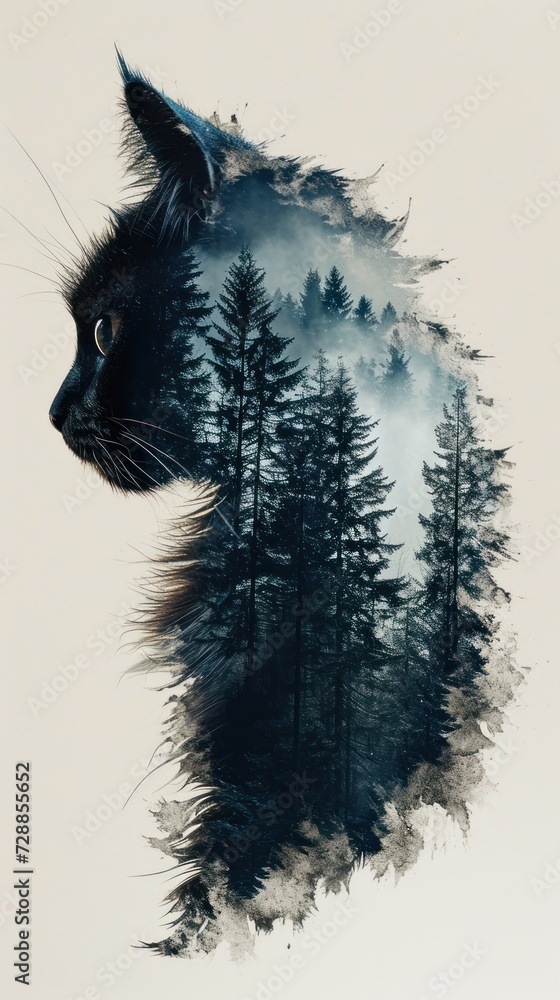 Poster a painting of a cat's face in front of a forest filled with tall pine trees with a foggy sky in the 
