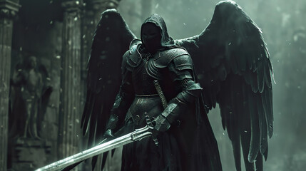 Dark warrior angel with medieval sword