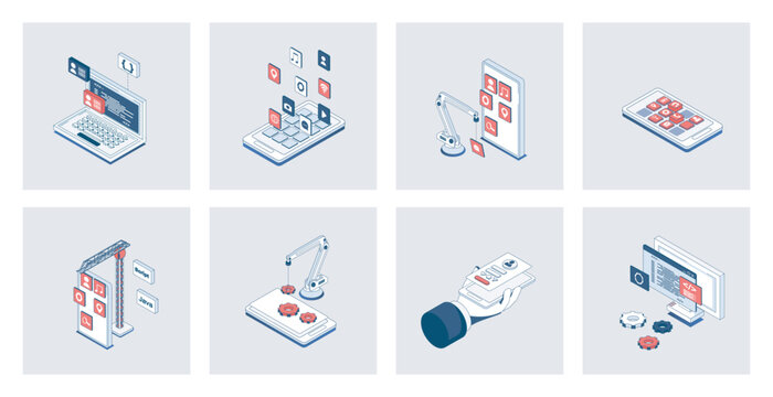 App development concept of isometric icons in 3d isometry design for web. Applications programming process with interface layout creation, settings and optimization for phones. Vector illustration