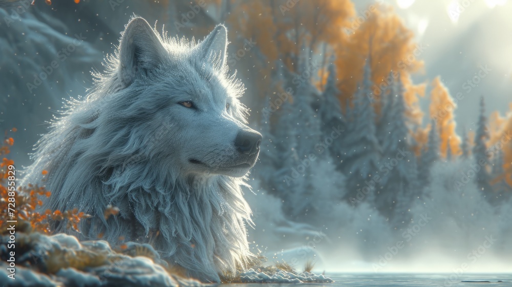 Wall mural A white wolf is sitting in the snow