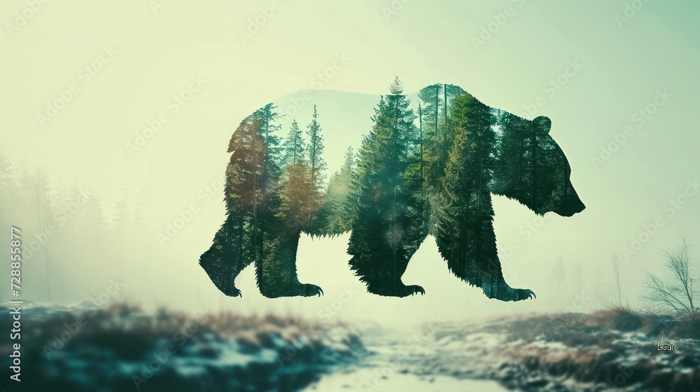 Poster a bear that is standing in the air with trees on it's back and another bear in the air with trees on