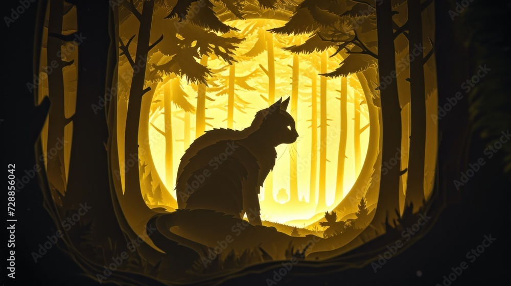 Poster a silhouette of a cat sitting in the middle of a forest with the sun shining through the trees and b