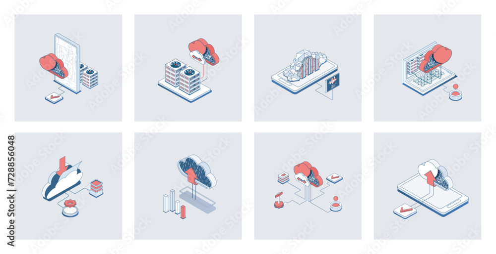 Poster Cloud storage concept of isometric icons in 3d isometry design for web. Uploading and downloading data in online storage, datacenter connection and processing, hosting service. Vector illustration