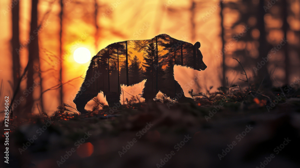 Poster a silhouette of a bear walking through a forest with the sun setting in the background and trees on 