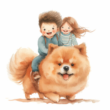 Watercolor painting of a boy and a little girl on the back of a dog watercolor paint 