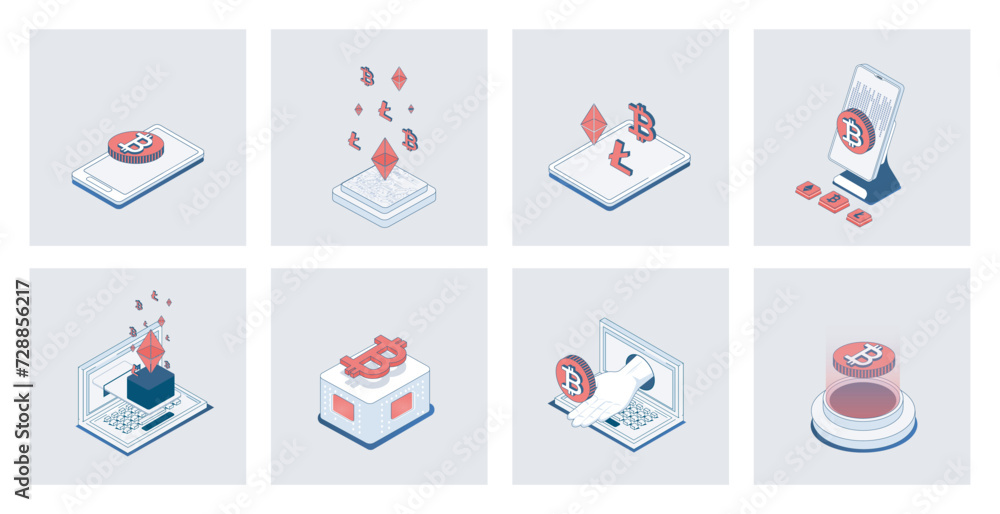 Fototapete Cryptocurrency concept of isometric icons in 3d isometry design for web. Crypto business and bitcoins investment, blockchain, trading and mining coins at virtual platforms. Vector illustration