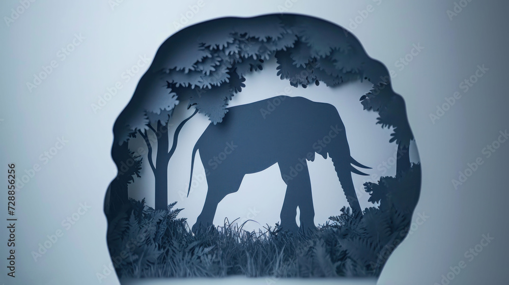 Poster a paper cut of an elephant standing in the middle of a forest with trees on the other side of the pa
