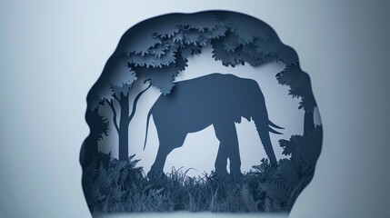  a paper cut of an elephant standing in the middle of a forest with trees on the other side of the paper cut of an elephant standing in the middle of the forest.