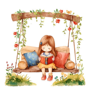 Little girl reading a book sitting on a swing with flowers watercolor paint