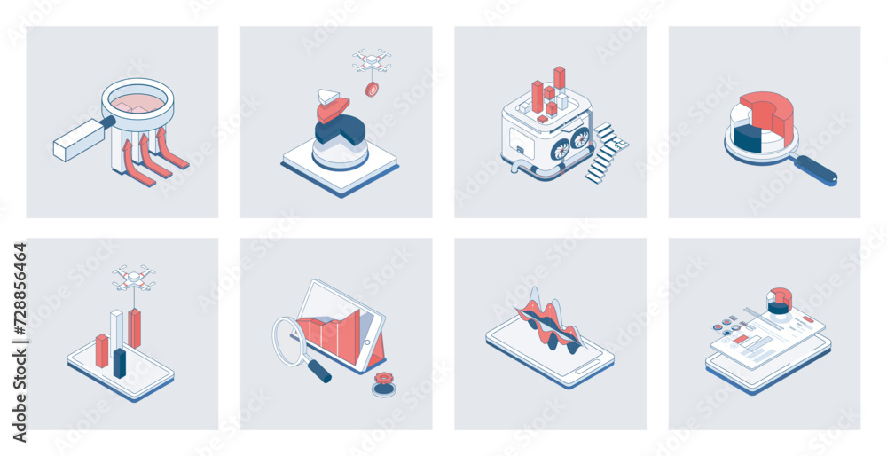 Leinwandbilder Data analysis concept of isometric icons in 3d isometry design for web. Analytics research, statistic search, chart and graph dashboard analyzing, marketing report and audit. Vector illustration