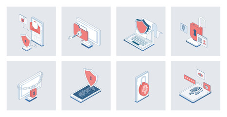 Cyber security concept of isometric icons in 3d isometry design for web. Safety shield access with data privacy protection, fingerprint verification and password lock system. Vector illustration