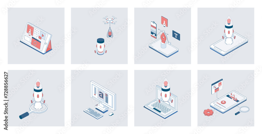 Fototapete designer studio concept of isometric icons in 3d isometry design for web. interface wireframe layout