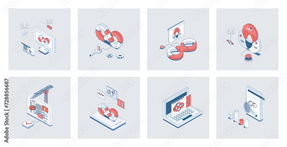 Poster DevOps concept of isometric icons in 3d isometry design for web. Agile development operation practice, programming and management teamwork, creating and release products cycle. Vector illustration