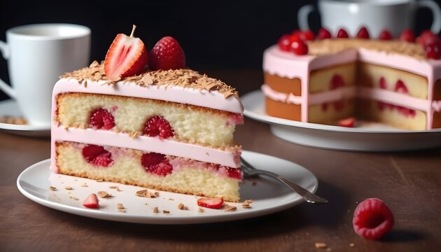 Strawberries cake with a sluce on a plate, isolated on a wooden table 