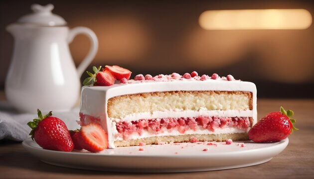cheesecake sluce with strawberries isolated on wood table, faded background with teapot 
