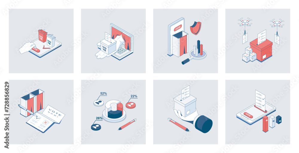 Poster election and voting concept of isometric icons in 3d isometry design for web. online vote system, de