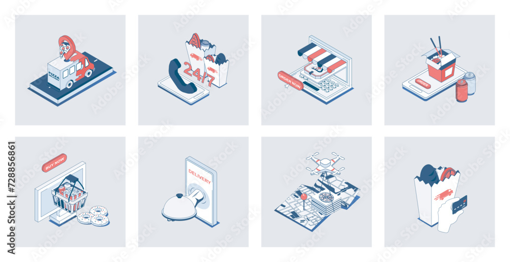 Aufkleber food delivery concept of isometric icons in 3d isometry design for web. online ordering of pizza or 
