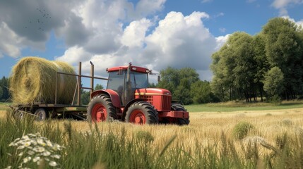 a farmer operating a tractor to load round hay bales onto a trailer, showcasing the agricultural process of harvesting and transporting straw bales with authentic realism and detail.