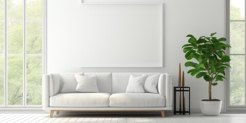 Modern, minimalist, white interior near window with a high-quality photo of a white sofa.