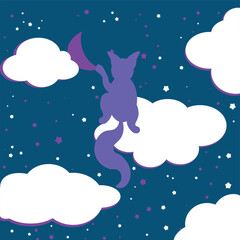 cat and night sky with moon and clouds and stars
