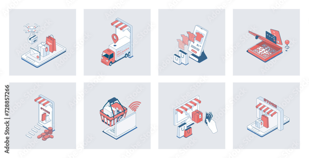 Aufkleber Online shopping concept of isometric icons in 3d isometry design for web. E-commerce and ordering at store webpage, internet commerce with payment, purchasing at sales in app. Vector illustration