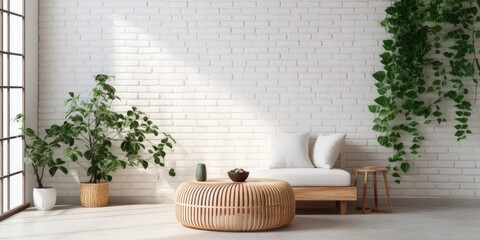 Coffee table with eucalyptus branches, folding screen, and pouf by white brick wall.