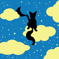 Obraz na płótnie Canvas cat and night sky with moon and clouds and stars