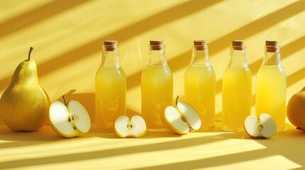  a row of bottles of apple cider next to sliced apples and pears on a yellow background with a shadow from the bottle of the cider on the left.