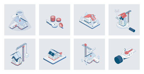 Real estate concept of isometric icons in 3d isometry design for web. House property buying, searching new home, apartment rent, building residential houses, mortgage for customer. Vector illustration