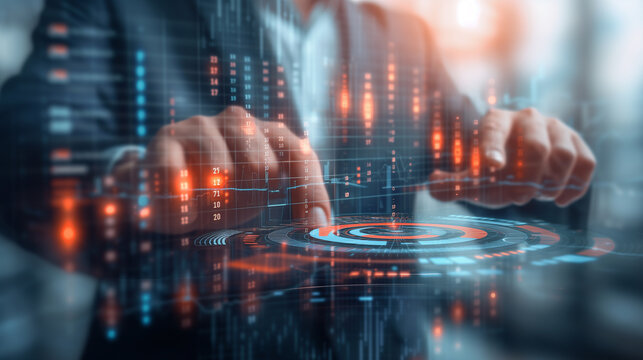 A financial expert studies currency exchange strategy at office, double exposure
