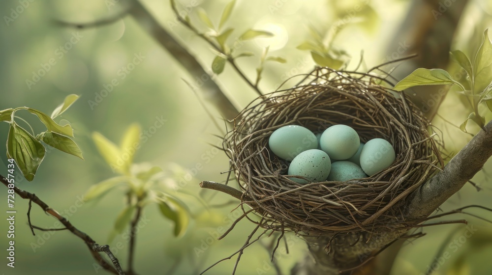 Poster a bird's nest with four eggs sitting on a tree branch in a tree branch with green leaves and a blurr