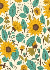 Foto op Aluminium vector seamless sunflower pattern, in the style illustrattion, made of vines, simple and clean, cartoon, kid, bright color, negative space, © isabellecor