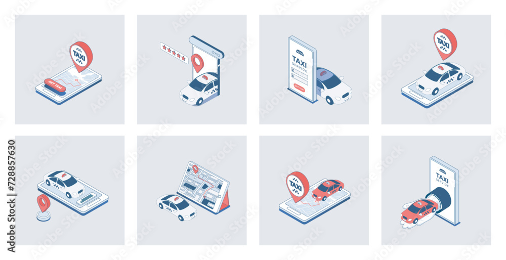 Poster taxi service concept of isometric icons in 3d isometry design for web. online car booking, traffic t