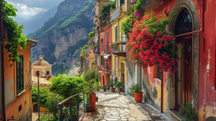 Fototapeta na wymiar a narrow cobblestone street with flowers on the windows and balconies on the side of the building and a steep mountain in the background with red flowers in the foreground.